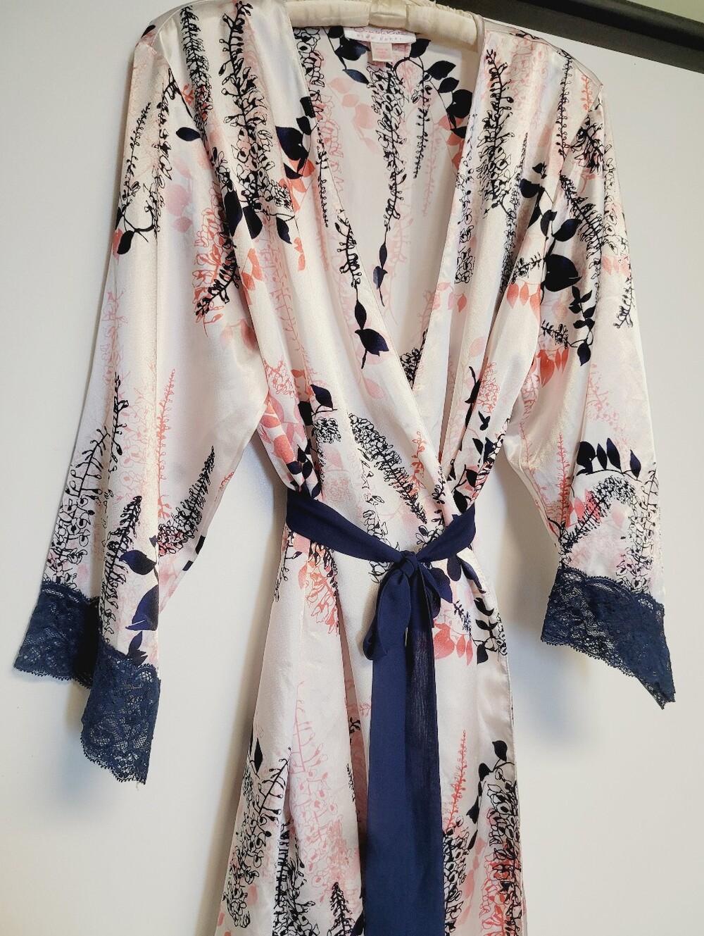 Oscar de la Renta Pink Label Floral Satin Kimono Robe Navy Intimate Sleepwear XL - Picture 5 of 10